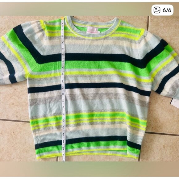 Brodie luxurious cashmere 3/4 sleeve neon green striped soft sweater women sz  L - Picture 6 of 7
